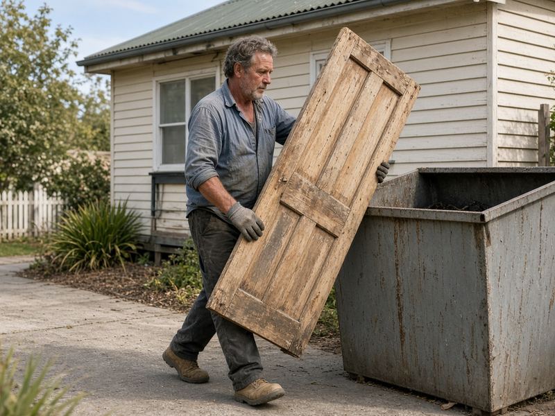 Man carrying an old door to a grey skip bin on his driveway